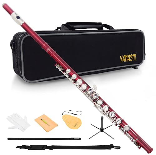 YANASON Red C Flute Closed Hole 16 Keys Flute Nickel-Plated for Beginner, Student and Professionals with Carrying case, Metal stand, Gloves, Tuning Rod, Cleaning kit(Red)