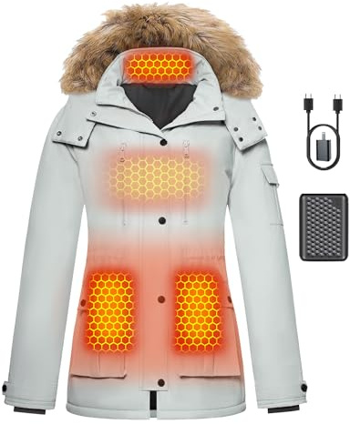 Women Long Puffer Graphene Heated Jacket Battery Pack Ladies Electric Warming Winter WorkDown Coat Heating Apparel Thermal Clothes Sweater Hoodie Oversized Motorcycle Moto Rain Snow Suit White Grey