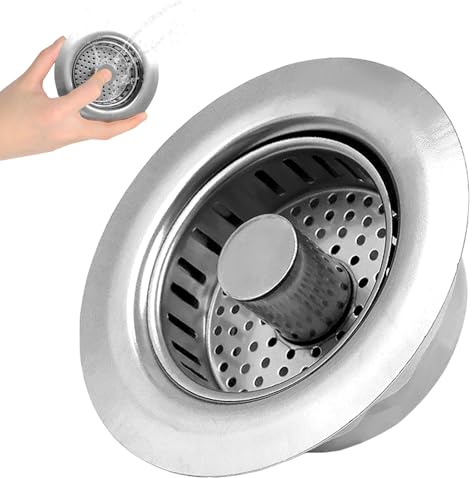 HVIHWI Sink Plug Strainer, 304 Stainless Steel Kitchen Sink Strainer and Stopper Combo, All-Metal Anti-Clogging Kitchen Drain Plug with Removable Basket, Fits Sink Depth > 48mm, Silver