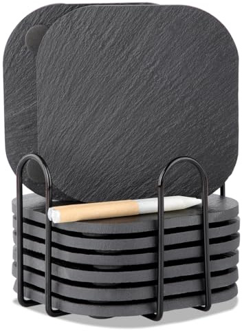 HALE OTEIR Lot de 8 dessous de verre carrés en ardoise avec support - Coins ronds de 10 cm - Avec patins en feutre antidérapants - Pour table, boissons, bar, sets de table