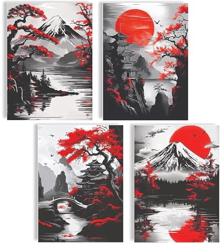 Japan Landschaft Poster Set 4er Set Wandbilder mit Fuji Berg roter Sonne und Pagoden A4 Kunstdrucke asiatische Kunst Wanddeko Wohnzimmer Schlafzimmer Büro Deko