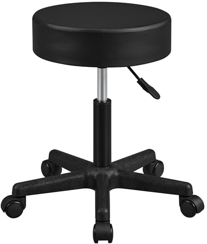Soberine Sgabello con Ruote, Sgabello Rotondo Regolabile in Altezza 46-61,5 cm, Sedia Girevole da Trucco, Salone, Ufficio, Studio (Nero)