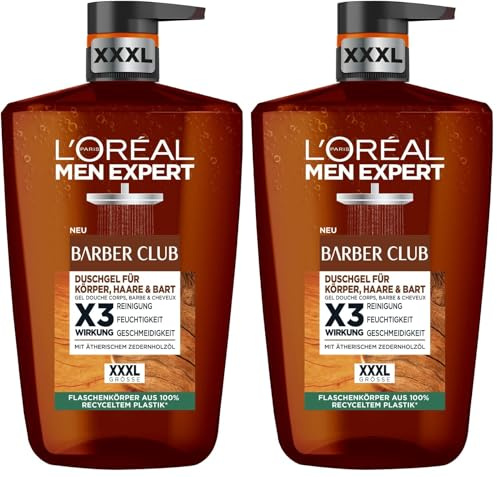 L'Oréal Men Expert XXXL Duschgel und Shampoo für Männer, Duschbad zur Reinigung von Körper, Haar, Gesicht und Bart, Herren Körperpflege mit holzigem Duft und Zedernholzöl, Barber Club, 1 x 1000 ml