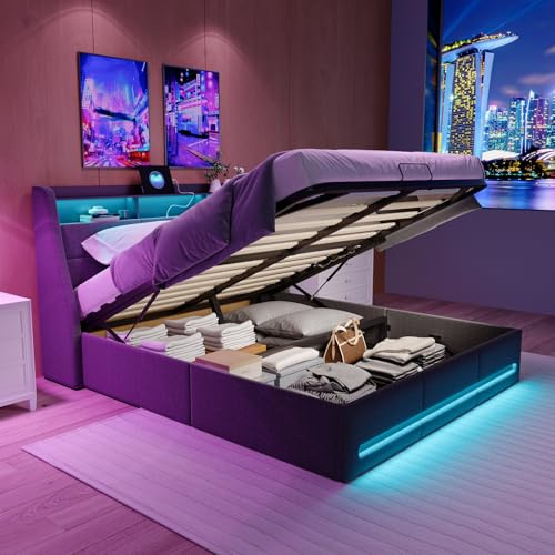 BestAlice Letto matrimoniale imbottito 160 x 200, letto per ragazzi, letto idraulico con testiera aperta, letto a molle con cassetta, struttura multifunzione con rete a doghe, Lino grigio scuro