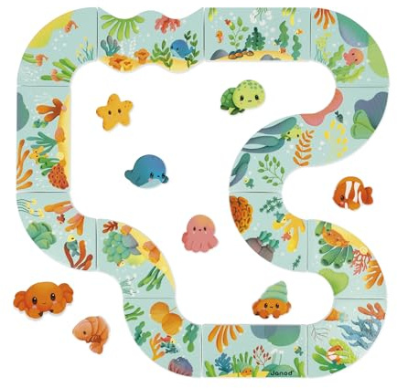 Janod - Circuito de baño para Primeros años A Partir de 18 Meses - Circuito de baño Compuesto por 14 Piezas + 8 Animales - Red de Almacenamiento y Secado incluida - A Partir de 18 Meses