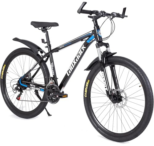 28 Zoll Mountainbike Schwarz, 21-Gang Shimano MTB mit 26×2.1 Zoll Reifen, 43 cm Hardtail Stahlrahmen, Federgabel, Scheibenbremsen vorne und hinten, Fahrrad für Jugendliche und Erwachsene