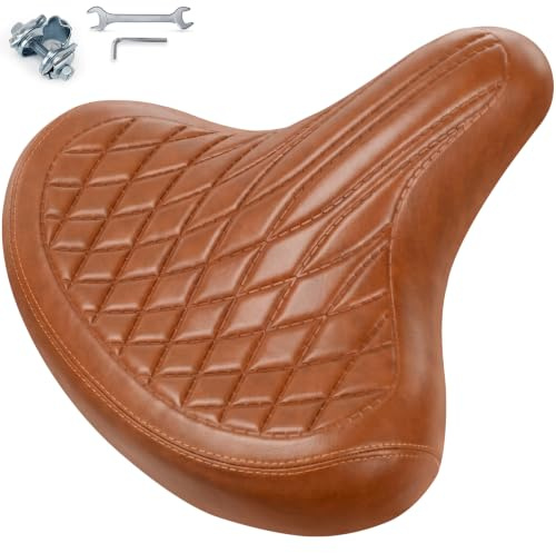 Comfortable Wide Bike Saddle for Men Women, Ergonomic Soft Cushioned Bicycle Seat, Universal Replacement for City, Mountain, Exercise & Spin Bikes, Shock Absorbing Cycling Saddle (Brown)