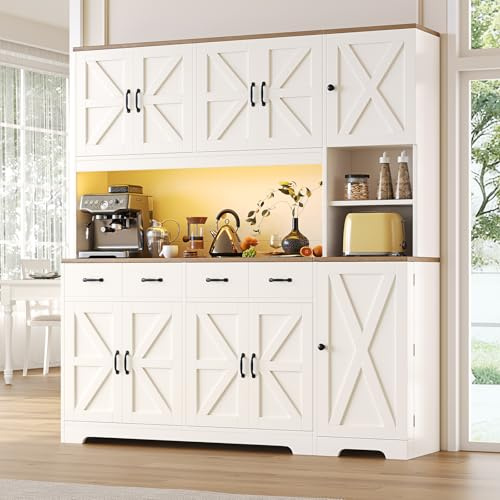 Cozynome 160cm Wide 180cm Tall Kitchen Cupboard with 4 Drawers & 6 Cabinets | Pantry Cupboard with LED Lights & Charging Station, Kitchen Storage Cabinet with Adjustable Shelves for Dining Room, White