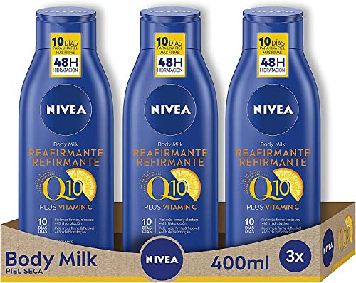 NIVEA Q10 Plus Vitamina C Body Milk Reafirmante en pack de 3 (3 x 400 ml), loción corporal hidratante para mejorar la elasticidad de la piel, loción con coenzima Q10