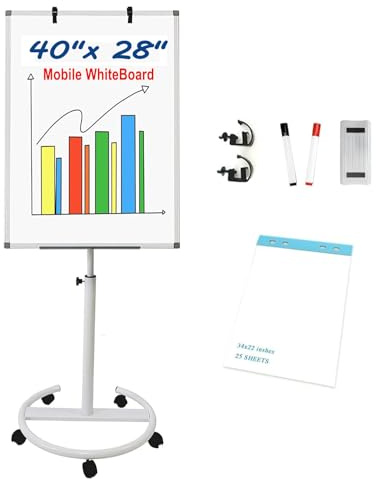 BEST BOARD Mobile Easel Whiteboard 28 × 40 Inches Adjustable Height Rolling Whiteboard on Wheels, Portable Dry Erase Board Stand Easel Flipchart with Paper Pad