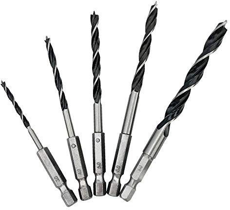 NORTOOLS Brad Point Wood Drill Bit Set with 1/4 inch Hex Shank 5 PCS HCS Wooden Drills for Woodworking DIY Lover Carpenter 3 4 5 6 8 mm