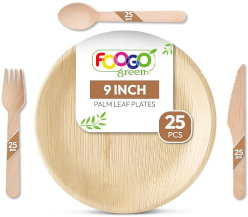 FOOGO Green 100pcs Disposable Palm Leaf Plates and Wooden Cutlery Set, FSC® Certified, 25x Large Round Plates, 25x Forks, 25x Knives, 25x Spoons, Eco Friendly Biodegradable, Party