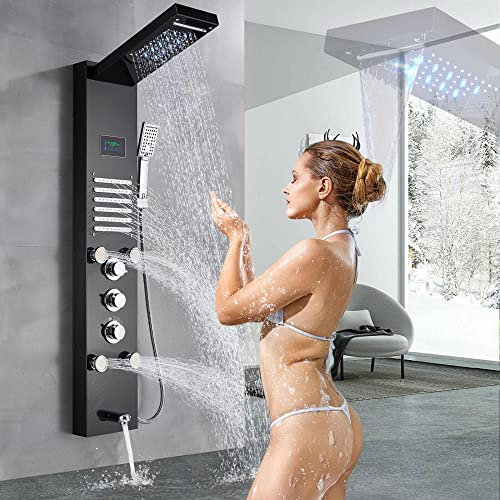 Stainless Steel Shower Panel LED Tower System rain Massage Nozzle Black