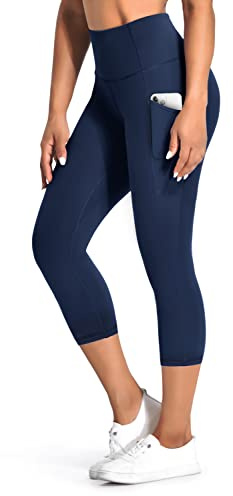 Desol Capri-leggings med fickor för kvinnor, yogabyxor med hög midja, magkontroll, gym, träning, damleggings, Capri – blå, S
