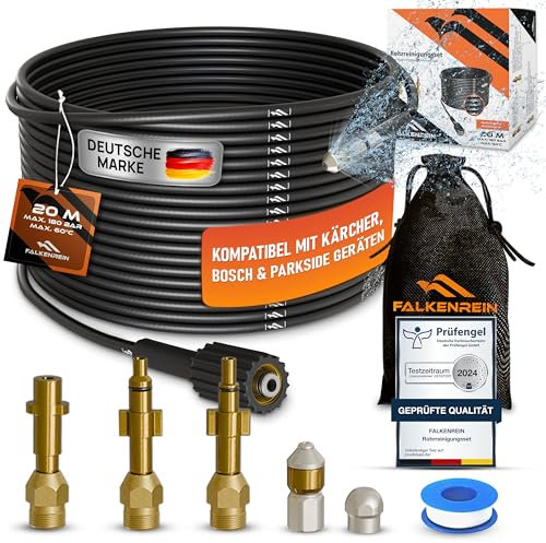 FALKENREIN® Tuyau de nettoyage de canalisations de 20 m | Compatible avec les nettoyeurs haute pression Kärcher, Parkside et Bosch | Kit de nettoyage de tuyaux de qualité supérieure | Nettoie