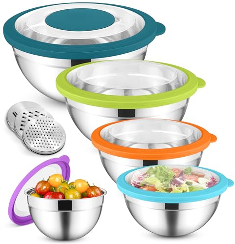 HaWare Rührschüssel 5er Set, Edelstahl Schüssel Salatschüssel Set mit Transparenten Luftdichten Deckeln & 3 Reibenaufsätzen zum Kochen Backen, 4,5L/2,8L/1,5L/1,2L/0,7L, Spülmaschinenfes, Bunt