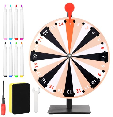 Gosknor 30cm Roue de la Fortune, 24 Emplacements Roue de la Chance avec Support Roue de Prix & Effaçable à Sec et Marqueurs pour Les Carnavals Les Activités de Jeu de Rotation des Vacances