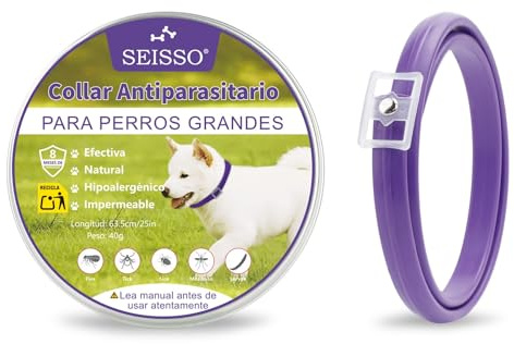 SEISSO Collar Anitpulgas para Perros, Collares contra Pulgas y Garrapatas con 6-8 Meses de Protección, Control Antiparasitario de 63.5 cm Ajustable para Perros Grandes Medianos y Pequeños, Morado