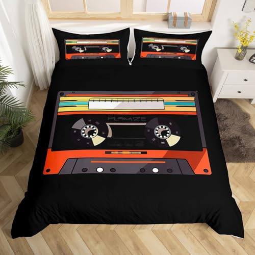 Homewish Cassette Tape Duvet Cover Double,Music Themed Bedding Set for Kids Boys Girls,Vintage Musical Acoustic Bedspread Cover,Audio Rhythm Bedding Set with 2 Pillow Cases,Orange Black