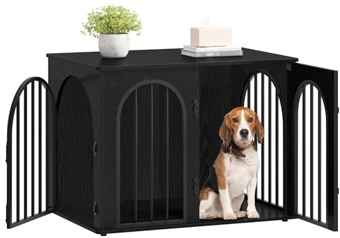 Hzuaneri 80cm Cage pour Chiens, Table d'Appoint, Niche Moderne pour Chiens Intérieur, Cage pour Chiots, Maisonnette pour Animaux, 3 Portes, Porte arquée, 80 x 56 x 61 cm, Noire DFC85104B