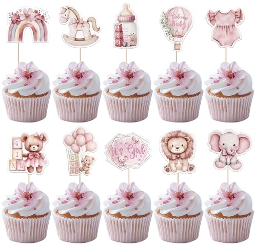 40 Stück Welcome Baby Cupcake Toppers Baby Dusche Tortendeko Ballon Elefant Kuchen Deko It's a Girl Cupcake Dekorationen für Geschlecht Enthüllt Thema Party Kuchen Dekorationen Rosa