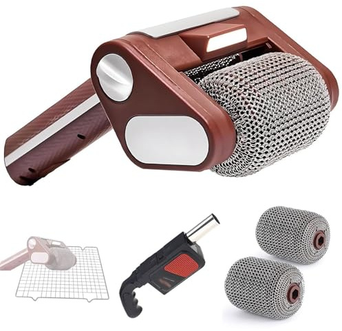 Detergente per Griglie Ricaricabile con Rullo Inossidabile 2pcs E Velo d'Aria BBQ, Griglia di Rotazione A Cordone, Pennello, 350 Giri/Min, Luce A LED, Niente Setole, Nessun Preriscaldamento