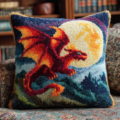 XDEGHUANGSS Kit de Coussin Point Noué 43x43cm avec Crochet à Loquet,Canevas DIY Facile à Réaliser pour Débutants et Adultes,Création Tapis et Coussin Décoratif,Dragon au clair de lune