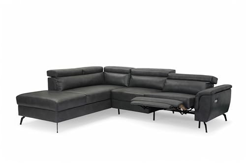 Grey Faux Leather Corner Sofa with Electric Recliner – L Shaped Sofa with Storage Chaise, Adjustable Headrests and USB Port, Grey Left Hand Corner Couch for Living Room - VITTORIO