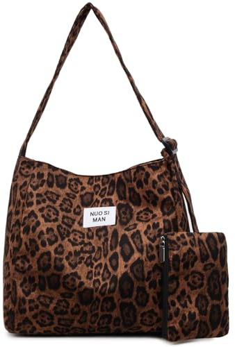 Myhozee Damen Umhängetasche Women's Handbag Suede Tasche Shoulder Bag Leoparden Tote Tasche Beuteltasche Vintage Shopper Bag for Everyday, Office, School Trip and Shopping