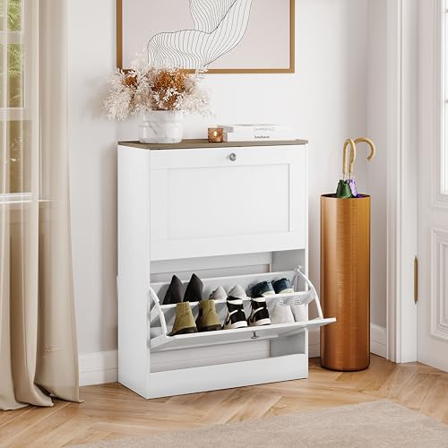 Vida Designs 2 Drawer Shoe Cabinet | White & Oak | Space-Saving Storage for 10+ Pairs | 80H x 58W x 23.5D cm | Anti-Tip | Modern Hallway Unit