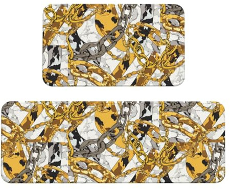 Gold and Leopard Print Chains Kitchen Rugs Set of 2, Cushioned Anti-Fatigue Kitchen Mats for Floor, Waterproof Comfort Standing Mat Absorbent Velvet Kitchen Runner Rugs 17x30+17x47