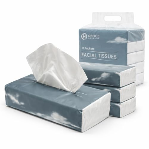 Premium 3-Ply Soft Pack Facial Tissues, 12 Packs x 80 Sheets, 960 Total | 20 x 17cm tissues made from 100% virgin wood pulp; compact plastic packs for desks, cars, travel, tissue holders and offices