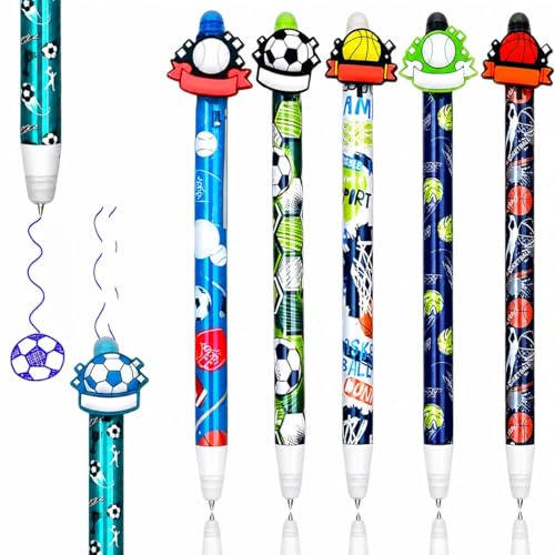 6 bolígrafos borrables, bolígrafos borrables, motivos de fútbol, baloncesto y tenis, bolígrafos de gel borrables con tinta térmica, rollerball para aprender a escribir, para útiles escolares y