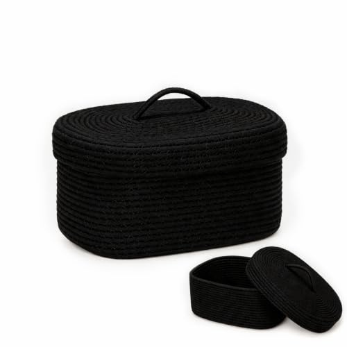 Förvaringskorg av bomullsrep oval med lock, vävd bomullskorg, vävd organisatörslåda för barnrum, blöj-Caddy & babyshower-korg (svart)