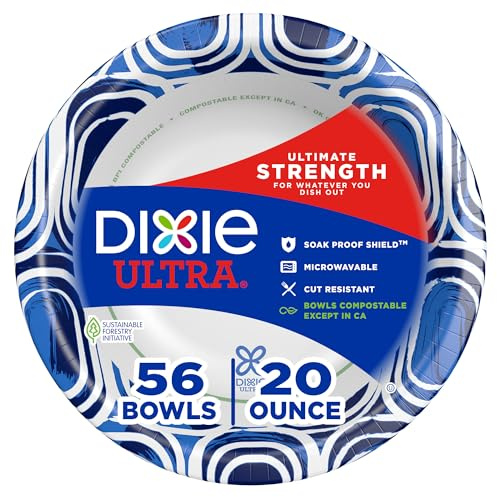 Dixie Ultra, Large Paper Bowls, 20 Oz, 56 Count, Microwave Safe, Compostable, Disposable Bowls Great For Breakfast, Lunch, And Dinner Meals