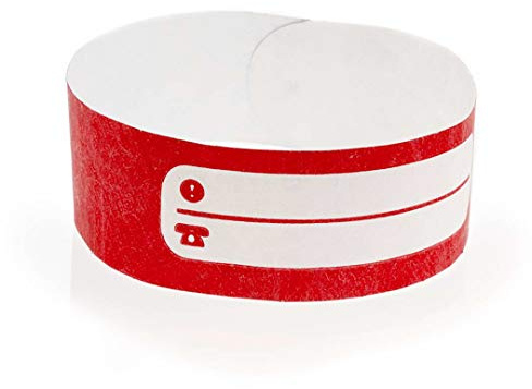 Fun Fan Line - Conjuntos de 100 pulseras identificativas de papel tyvek con pista de escritura para niños y ancianos. Cierre adhesivo resistente, intransferible y resistente al agua. (Color Rojo)