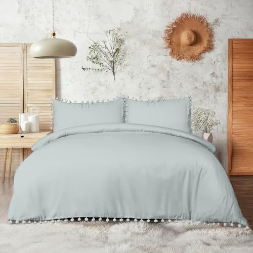 Sleepdown Pom Pom Duck Egg Luxury Easy Care Plain Duvet Cover Quilt Bedding Set with Pillowcases - King (220cm x 230cm) Duckegg 5056242750116