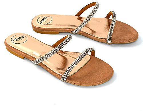 Womens Flat Diamante Strappy Sandals Ladies Summer Holiday Rhinestone Straps Slip On Slider Shoes Size 3-8 Rose Gold