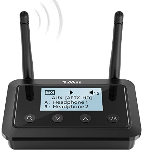 1Mii B03+ Transmisor Bluetooth 5.3 TV, Receptor Audio Bluetooth HiFi Música con Pantalla LCD, Adaptador Jack 3,5mm AUX, Óptico, aptX Baja Latencia & HD para Estéreo/TV, 2 Auriculares, Largo Alcance