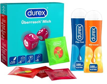 Durex Überrasch Mich-Set Überrasch‘ Mich Kondome - 30er Großpackung (1 x 30 Stück) & Play Gleitgel Ausprobierpaket für Sie und Ihn | Wärmend & Feel (2 x 100ml)
