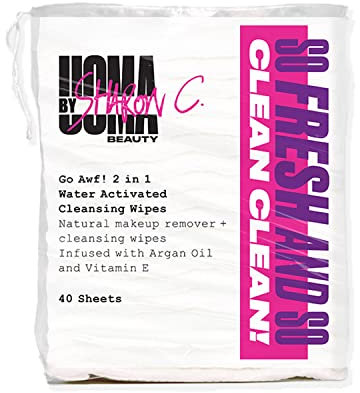 UOMA by Sharon C. Face Wipes - Go Awf 2 in 1 Water Activated Makeup Removal Pads. Biodegradable Cotton Pads with Argan Oil + Vitamin E. 40 Wipes
