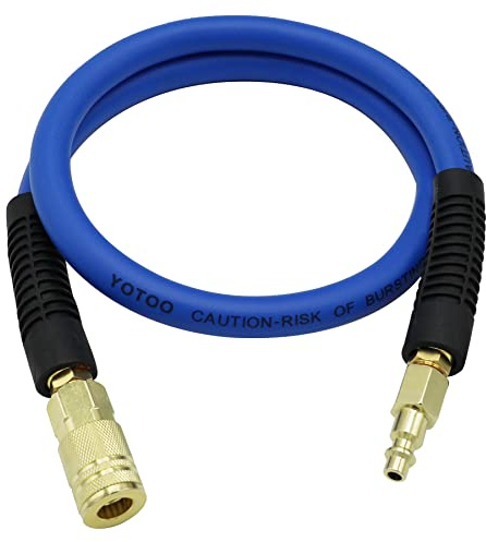 YOTOO Hybrid Lead-in Air Hose 3/8-Inch by 3-Feet 300 PSI Heavy Duty, Lightweight, Kink Resistant, All-Weather Flexibility with Bend Restrictors, 1/4 Industrial Quick Coupler and Plug, Blue