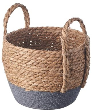 Eden & Willow Natural Straw Woven Plant Storage Basket, Home Organisation Hamper Basket with Handles (Grey, Small)