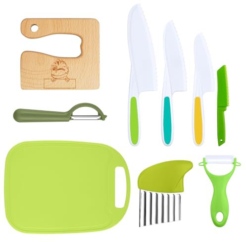 HOTUT Set di 9 Coltelli da Cucina per Bambini, 4 Pezzi Coltello Da Frutta Per Bambini e Coltello in Legno, Tagliere e 2 Pezzi Pelapatate, Coltelli per Patate per Tagliare Frutta o Verdura