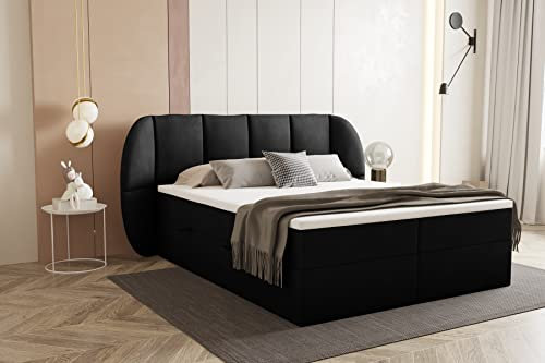 TRADA Boxspringbett 180x200 cm - mit Bettkasten und Taschenmatratze - Bilbao - Elegant Boxsprinbett mit dekoratives Kopfteil - Schwarz