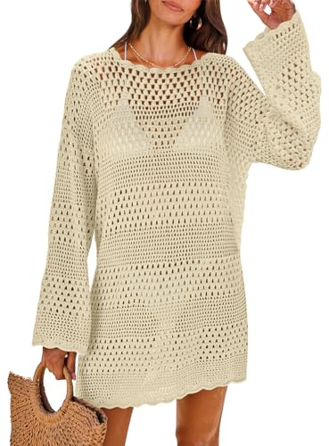 ANRABESS Women Swimsuit Crochet Swim Cover Up 2026 Summer Bathing Suit Swimwear Mesh Knit Beach Dress Vacation Outfits Beige XX-Large