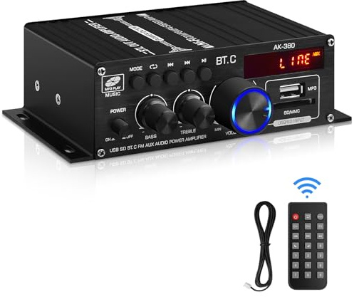 Bluetooth 5.0 Audio Power Amplifier AK-380 400W+400W 2.0 CH HiFi Stereo Amp Receiver with USB,SD,AUX,FM Antenna for Car Home Speaker Bar Party-(Without Power Adapter)