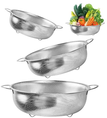 Wisebom Sieb Küche 3er-Set, Edelstahl Nudelsieb, Mikroperforiertes Küchensieb Metallsieb, Rostfreier Edelstahl Abtropfsieb Seiher für Nudeln Obst Reis Gemüse - 16/22/28cm