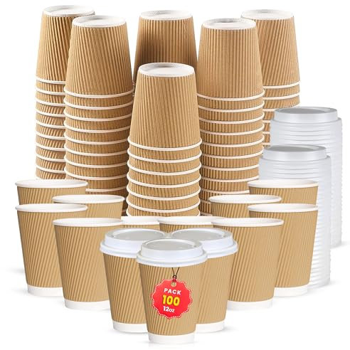 CHEF ROYALE 100 x 12oz Disposable Coffee Cups with Lids - Takeaway Paper Cups for Hot & Cold Drinks - Kraft Triple Walled Disposable Paper Cups - Takeaway Cups
