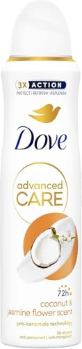 Dove Déodorant Spray Advanced Care Go Fresh Noix de coco et fleurs de jasmin, formule hydratante et délicate pour la peau, sans alcool, peau sèche jusqu'à 72 heures, déodorant homme et femme, 150 ml
